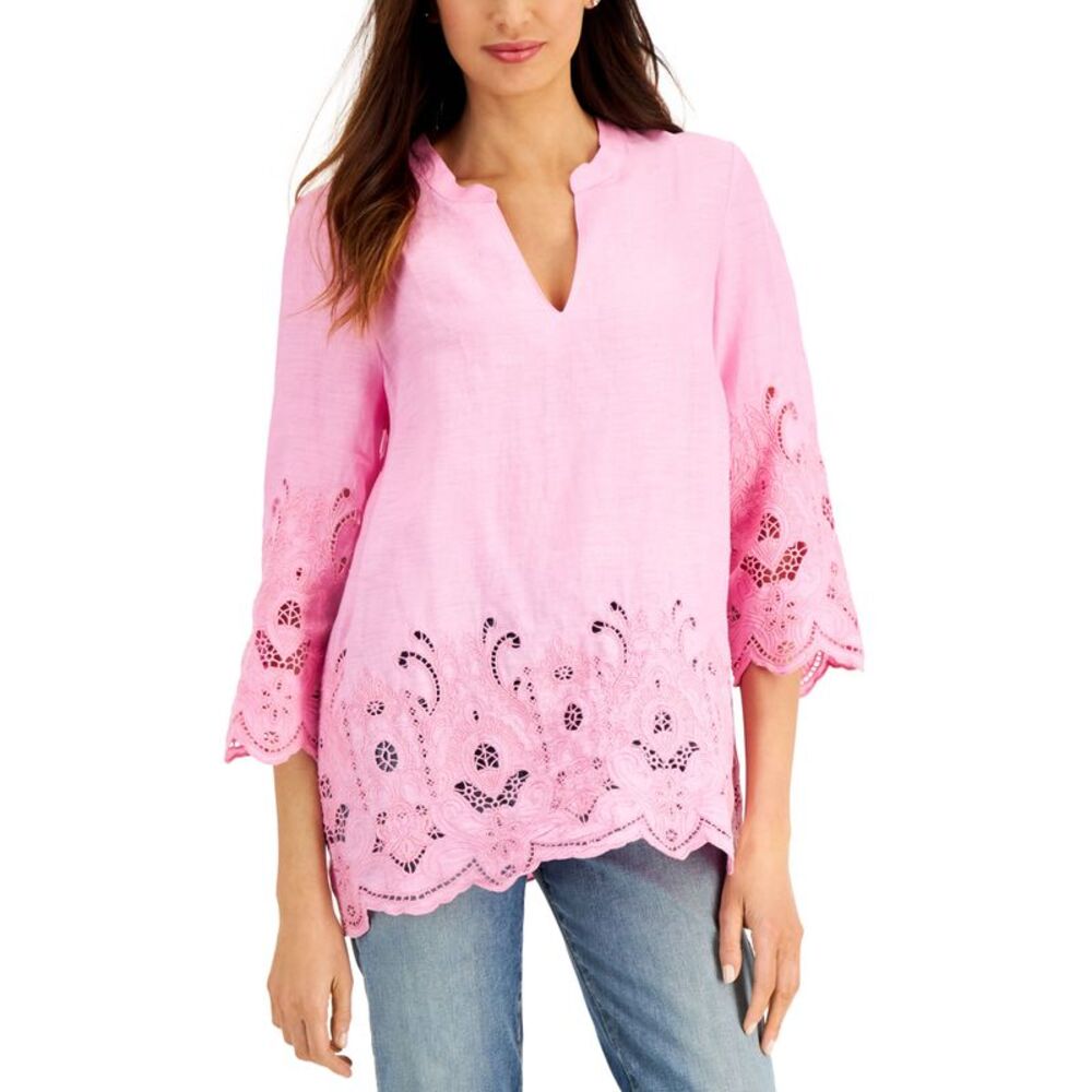Charter Club Linen Embroidered Hem Tunic